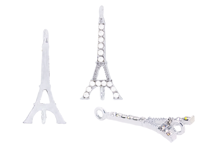 METAL - CHARMS CONNECTOR 2 HOLES UV COATING WITH CRYSTALS - EIFFEL TOWER 01 - 33x15x2mm SILVER COLOR AND WHITE - PACKAGE 20pcs. Hole-2.5mm