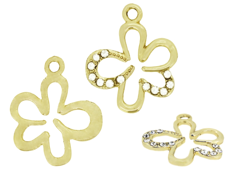 METAL - CHARMS PENDANT 1 HOLE UV COATING WITH CRYSTALS - FLOWERS 01 - 24x28x2mm GOLD COLOR AND WHITE - PACKAGE 20pcs. Hole-2.5mm