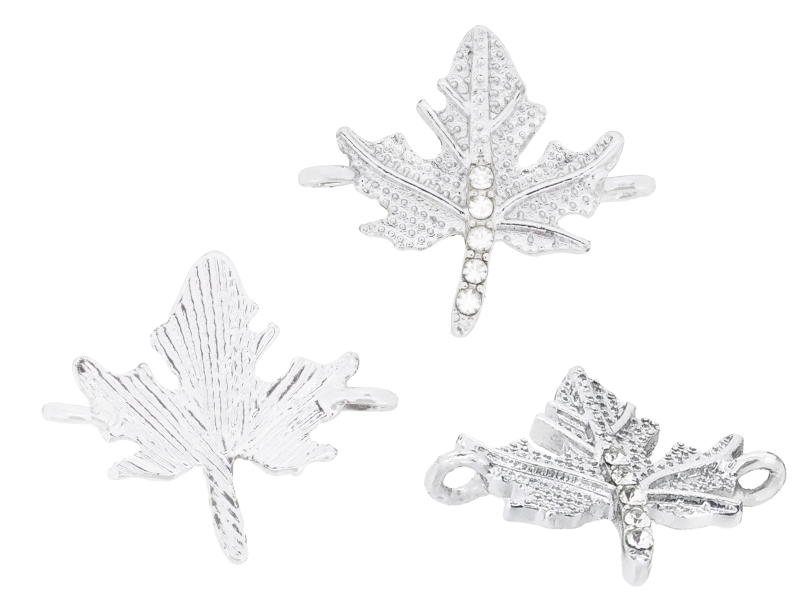 METAL - CHARMS CONNECTOR 2 HOLES UV COATING WITH CRYSTALS - MAPLE LEAF 01 - 23x21x2mm SILVER COLOR AND WHITE - 1pc. Hole-2.2mm