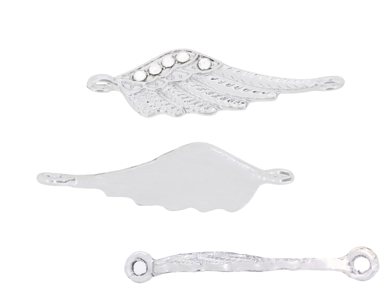 METAL - CHARMS CONNECTOR 2 HOLES UV COATING WITH CRYSTALS - WING 01 - 35x10x2mm SILVER COLOR AND WHITE - 1pc. Hole-2.2mm