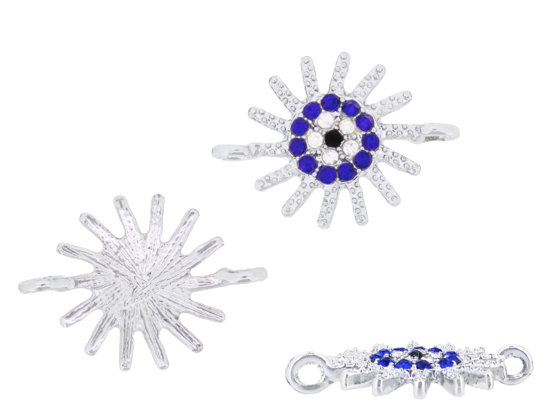 METAL - CHARMS CONNECTOR 2 HOLES UV COATING WITH CRYSTALS - SUN EYE 01 - 23x17x2mm SILVER COLOR WITH WHITE AND BLUE - PACKAGE 20pcs. Hole-2.0mm