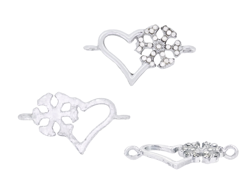 METAL - CHARMS CONNECTOR 2 HOLES UV COATING WITH CRYSTALS - HEART AND SNOWFLAKE 01 - 30x16x2mm SILVER COLOR AND WHITE - 1pc. Hole-1.8mm