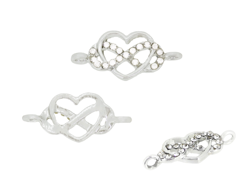 METAL - CHARMS CONNECTOR 2 HOLES UV COATING WITH CRYSTALS - HEART WITH INFINITY 01 - 23x11x2.5mm SILVER COLOR AND WHITE - 1pc. Hole-2.0mm