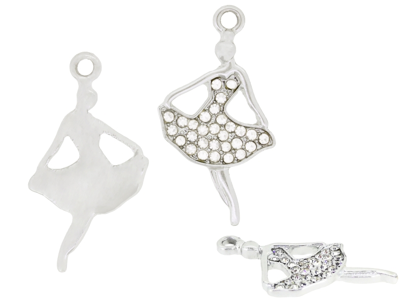 METAL - CHARMS PENDANT 1 HOLE UV COATING WITH CRYSTALS - BALLET DANCER 01 - 18x32x2mm SILVER COLOR AND WHITE - 1pc. Hole-2.5mm