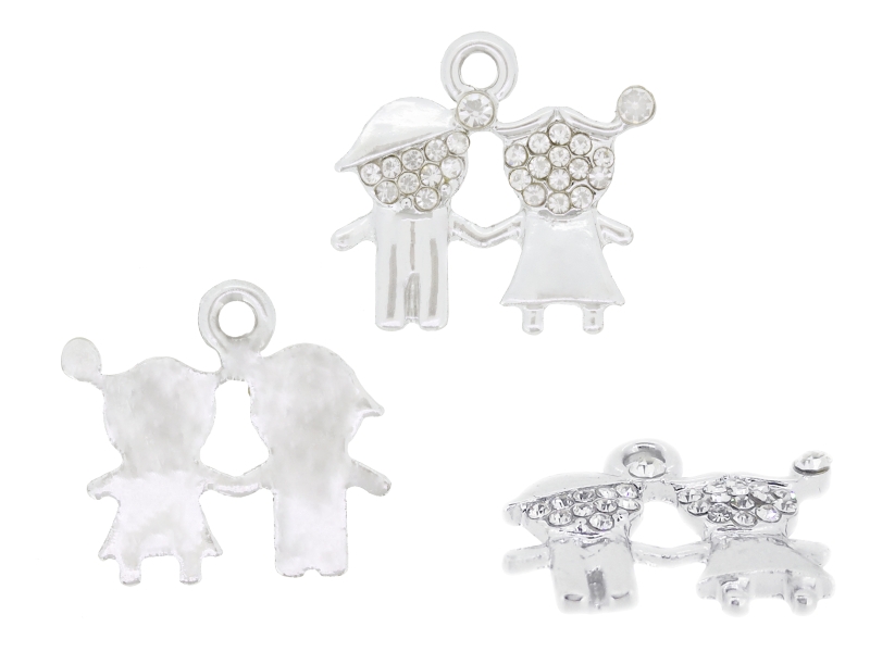 METAL - CHARMS PENDANT 1 HOLE UV COATING WITH CRYSTALS - CHILDREN 01 - 20x18x2mm SILVER COLOR AND WHITE - 1pc. Hole-2.2mm