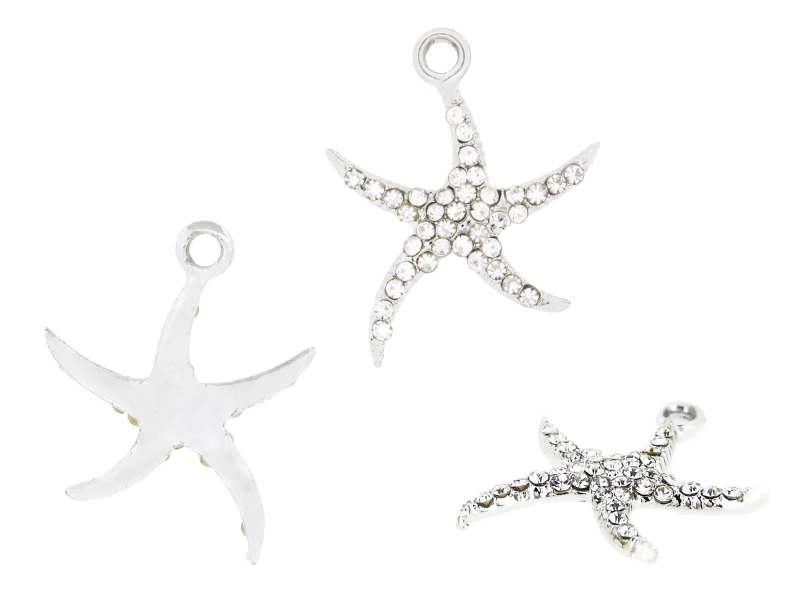 METAL - CHARMS PENDANT 1 HOLE UV COATING WITH CRYSTALS - STARFISH 01 - 21x26x2.5mm SILVER COLOR AND WHITE - PACKAGE 20pcs. Hole-2.5mm