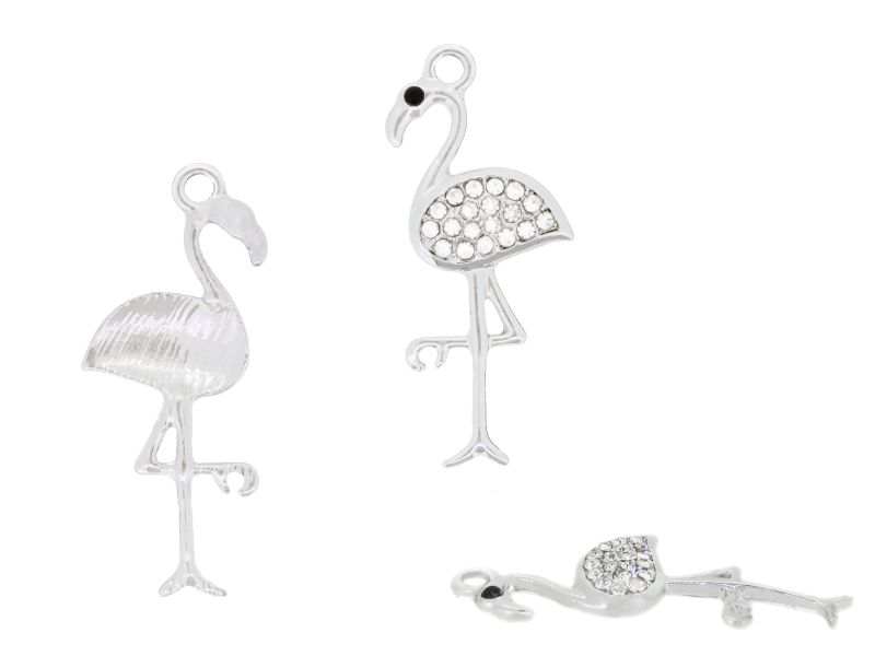 METAL - CHARMS PENDANT 1 HOLE UV COATING WITH CRYSTALS - FLAMINGO 01 - 14x36x2.5mm SILVER COLOR AND WHITE - PACKAGE 20pcs. Hole-2.5mm