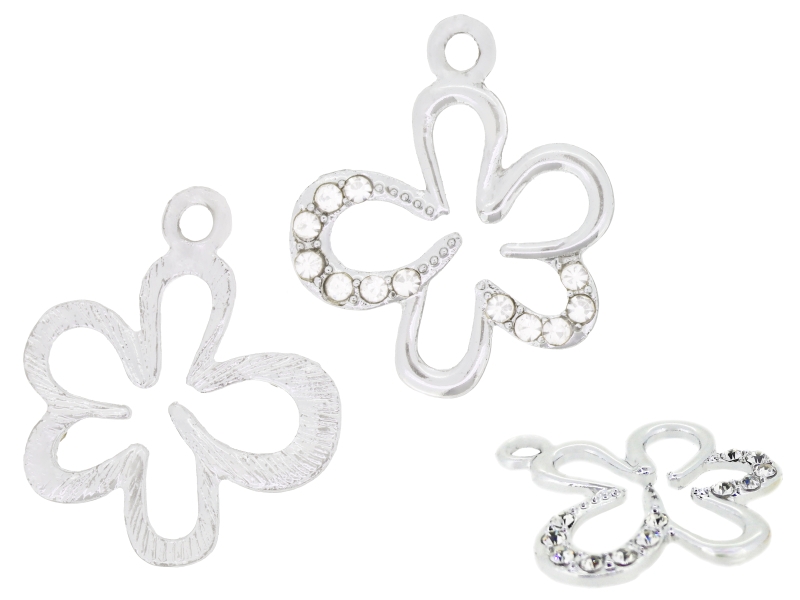 METAL - CHARMS PENDANT 1 HOLE UV COATING WITH CRYSTALS - FLOWERS 01 - 24x28x2mm SILVER COLOR AND WHITE - PACKAGE 20pcs. Hole-2.5mm