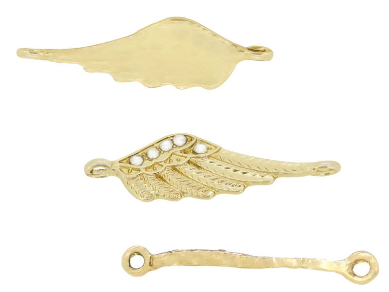 METAL - CHARMS CONNECTOR 2 HOLES UV COATING WITH CRYSTALS - WING 01 - 35x10x2mm GOLD COLOR AND WHITE - 1pc. Hole-2.2mm