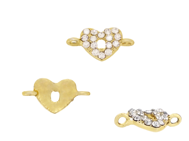 METAL - CHARMS CONNECTOR 2 HOLES UV COATING WITH CRYSTALS - HEART 01 - 19x10x2.5mm GOLD COLOR AND WHITE - PACKAGE 20pcs. Hole-2.2mm