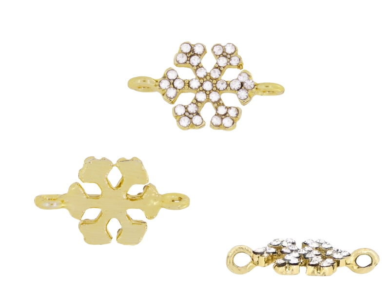 METAL - CHARMS CONNECTOR 2 HOLES UV COATING WITH CRYSTALS - SNOWFLAKE 02 - 21x12x2mm GOLD COLOR AND WHITE - PACKAGE 20pcs. Hole-2.0mm