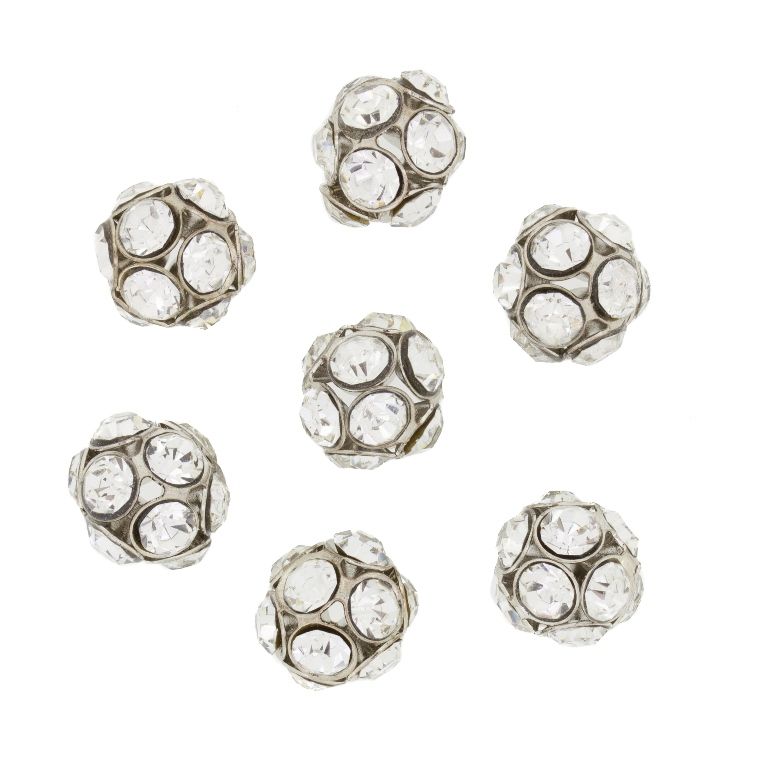 METAL BEADS - RHINESTONE HOLLOW ROUND BEADS - BALL 02 - 12mm NICKEL COLOR WITH WHITE - PACKAGE 50pcs.