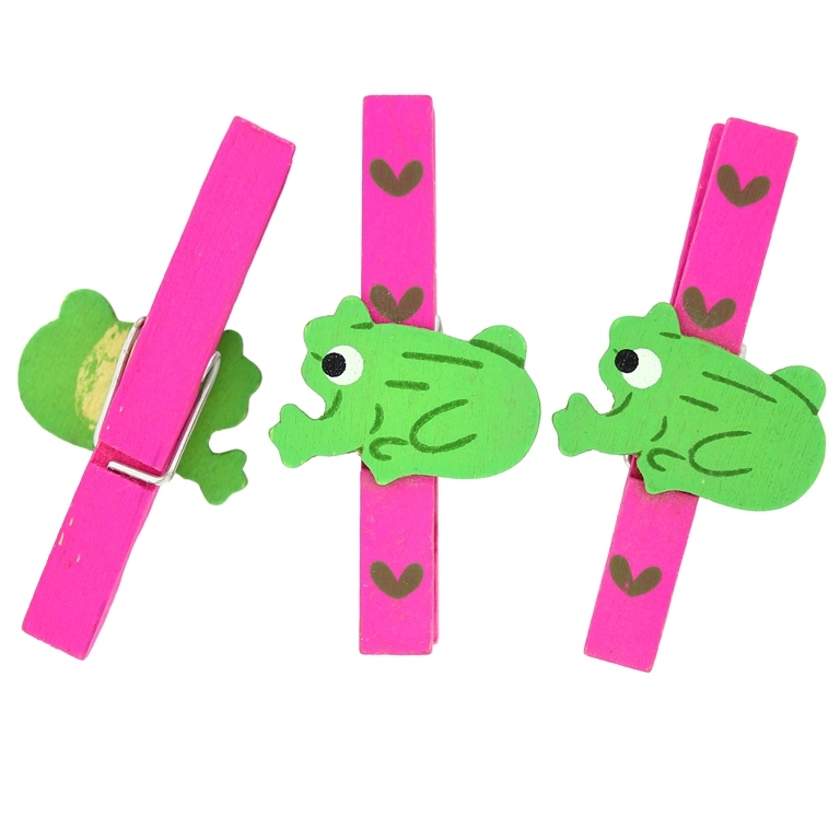 WOODEN FIGURES - CLOTHESPIN WITH FROG 01 - 72x10x17mm - CYCLAMEN AND GREEN - 5pcs.