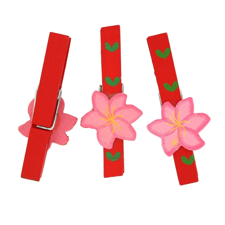 WOODEN FIGURES - CLOTHESPIN WITH FLOWERS 01 - 72x10x17mm - RED AND PINK - PACKAGE 50pcs.