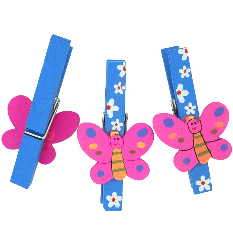 WOODEN FIGURES - CLOTHESPIN WITH BUTTERFLY 01 - 72x10x17mm - BLUE AND CYCLAMEN - 5pcs.