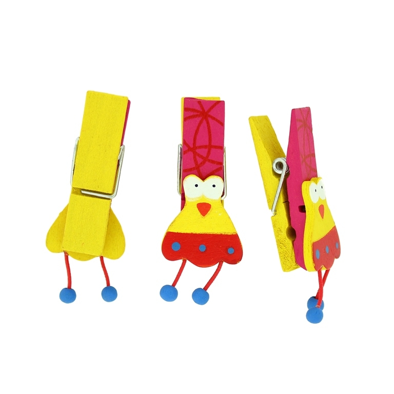 WOODEN FIGURES - CLOTHESPIN WITH CHICKEN 01 - 45x11.5x17mm - CYCLAMEN AND YELLOW - PACKAGE 50pcs.