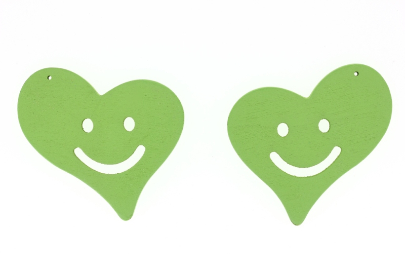 WOODEN FIGURES - HEART 01 SMILE - 56x48x4mm GREEN - 50pcs. Hole-2.0mm