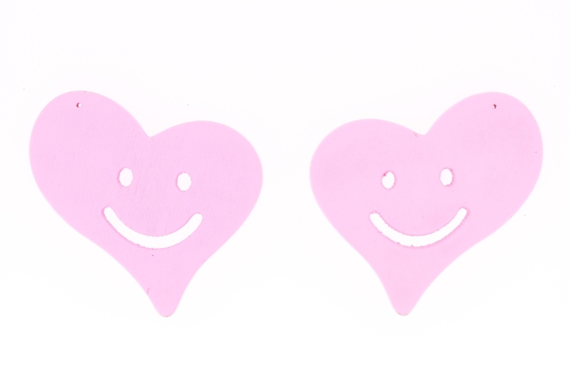 WOODEN FIGURES - HEART 01 SMILE - 56x48x4mm PINK - 50pcs. Hole-2.0mm