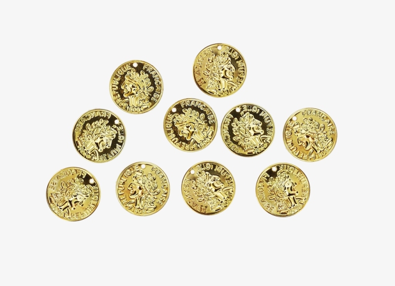 METAL ELEMENTS - IMITATION COIN FOR JEWELRY - 18mm - MODEL 02 - GOLD COLOR -  NICKEL FREE - 1000pcs. Hole-1.5mm