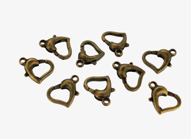 METAL ELEMENTS - OPEN HEART SHAPED LOBSTER CLAW CLASP 01 - 14x10x4mm ANTIQUE BRONZE - PACKAGE 100pcs. Hole-1.5mm