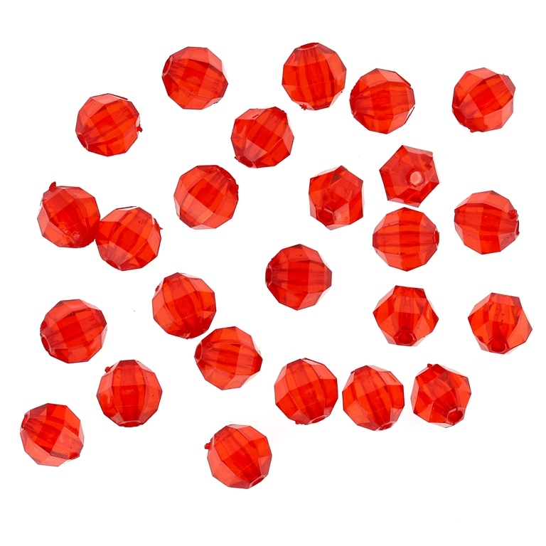 TRANSPARENT PLASTIC BEADS - BALL FACETED 02 - 8mm RED V12 - 50g Hole-1.8mm (210pcs.)