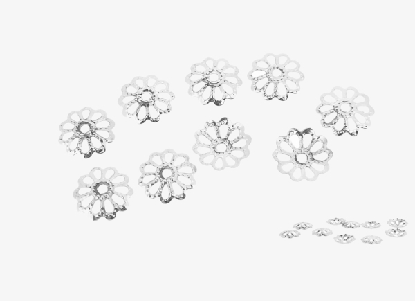 METAL ELEMENTS - CAP - METAL FILIGREE CAPS FLOWER 01 - 9х1.6mm SILVER COLOR - 5000pcs. Hole:1.0mm