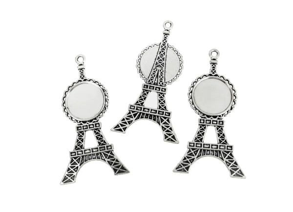 METAL ELEMENTS - CABOCHON BASE - CIRCLE 20mm - EIFFEL TOWER - NICKEL COLOR - 2pcs. Hole-3.0mm