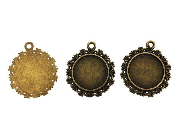 METAL ELEMENTS - CABOCHON BASE - CIRCLE 22mm - LACE FOUNTAIN - ANTIQUE BRONZE - 5pcs. Hole-3.5mm