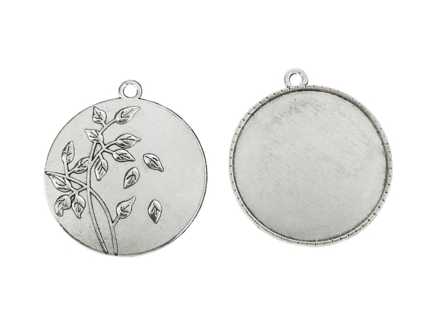 METAL ELEMENTS - CABOCHON BASE - CIRCLE 35mm - BACK WITH LEAVES - NICKEL COLOR - 20pcs. Hole-3.0mm