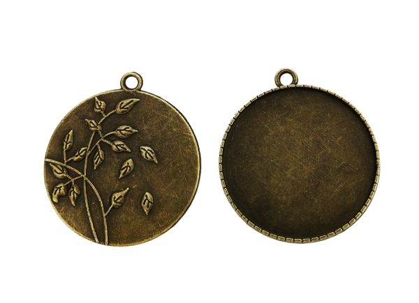 METAL ELEMENTS - CABOCHON BASE - CIRCLE 35mm - BACK WITH LEAVES - ANTIQUE BRONZE - 20pcs. Hole-3.0mm