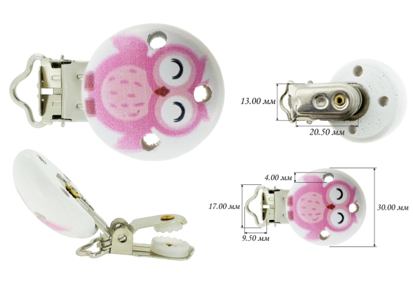 METAL ELEMENTS - ROUND SHAPE PACIFIER CLIPS - WOODEN CIRCLE 30mm - OWL PINK - PACKAGE 10pcs.