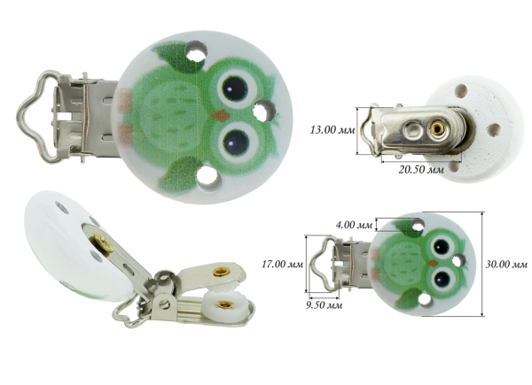 METAL ELEMENTS - ROUND SHAPE PACIFIER CLIPS - WOODEN CIRCLE 30mm - OWL GREEN - PACKAGE 10pcs.