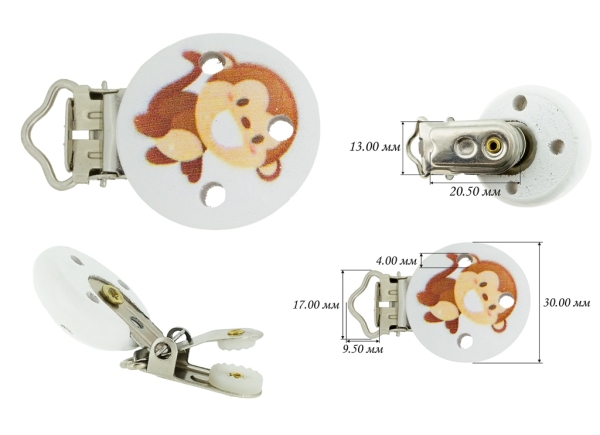 METAL ELEMENTS - ROUND SHAPE PACIFIER CLIPS - WOODEN CIRCLE 30mm - MONKEY - PACKAGE 10pcs.