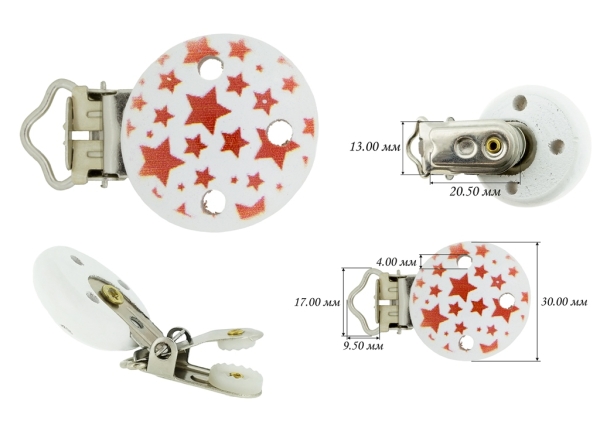 METAL ELEMENTS - ROUND SHAPE PACIFIER CLIPS - WOODEN CIRCLE 30mm - STARS RED - PACKAGE 10pcs.