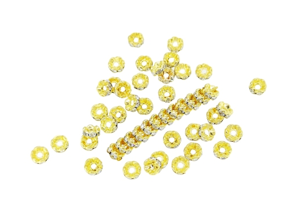 METAL ELEMENTS - RHINESTONE RONDELLE CRYSTAL ROUND LOOSE SPACER BEADS 02 - 6mm GOLD COLOR WITH WHITE - 1000pcs. Hole-1.5mm