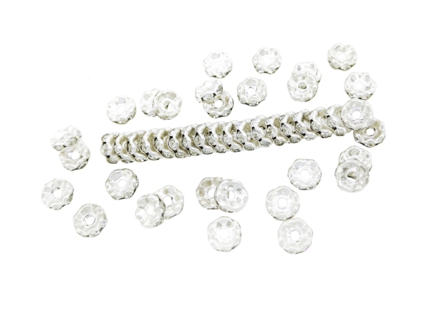 METAL ELEMENTS - RHINESTONE RONDELLE CRYSTAL ROUND LOOSE SPACER BEADS 02 - 6mm SILVER COLOR WITH WHITE - 100pcs. Hole-1.5mm