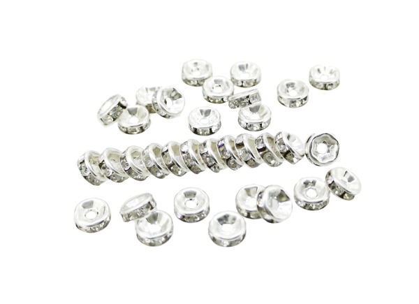 METAL ELEMENTS - RHINESTONE RONDELLE CRYSTAL ROUND LOOSE SPACER BEADS 01 - 6mm SILVER COLOR WITH WHITE - 1000pcs. Hole-1.5mm