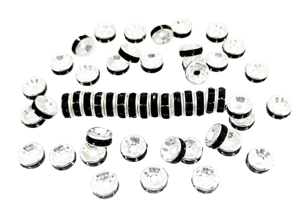 METAL ELEMENTS - RHINESTONE RONDELLE CRYSTAL ROUND LOOSE SPACER BEADS 01 - 8mm SILVER COLOR WITH BLACK - 1000pcs. Hole-1.8mm