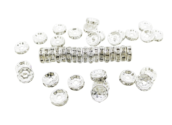 METAL ELEMENTS - RHINESTONE RONDELLE CRYSTAL ROUND LOOSE SPACER BEADS 01 - 10mm SILVER COLOR WITH WHITE - 500pcs. Hole-2.2mm