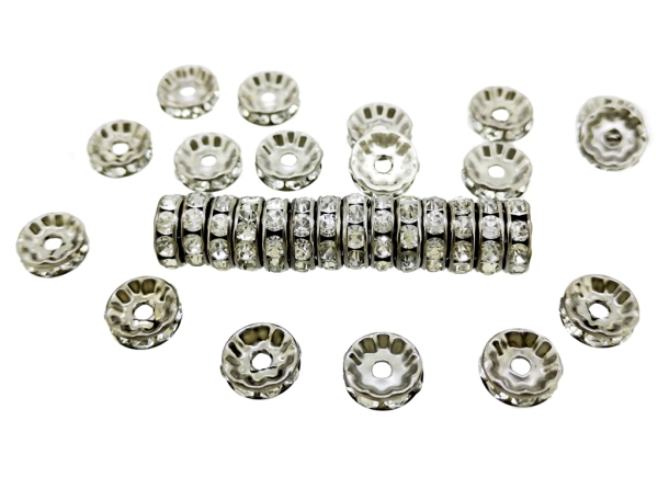 METAL ELEMENTS - RHINESTONE RONDELLE CRYSTAL ROUND LOOSE SPACER BEADS 01 - 10mm OXIDIZED WITH WHITE - 500pcs. Hole-1.5mm