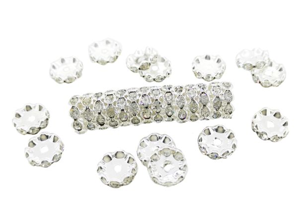 METAL ELEMENTS - RHINESTONE RONDELLE CRYSTAL ROUND LOOSE SPACER BEADS 02 - BRASS - 12mm SILVER COLOR WITH WHITE - 100pcs. Hole-2.4mm