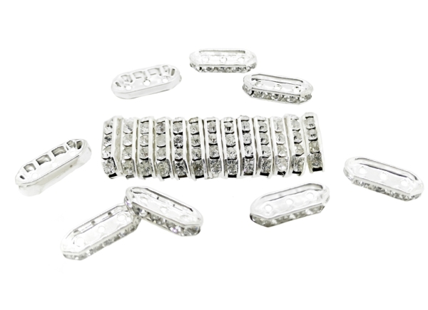 METAL ELEMENTS - 3 HOLES MULTI STRANDS RHINESTONE CONNECTOR SPACER BEADS - ELLIPSE 01 - 18x7x3mm SILVER COLOR WITH WHITE - 100pcs. Hole-1.5mm