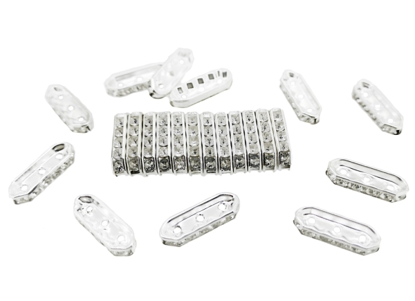 METAL ELEMENTS - 3 HOLES MULTI STRANDS RHINESTONE CONNECTOR SPACER BEADS - ELLIPSE 01 - 21x7x3mm SILVER COLOR WITH WHITE - 100pcs. Hole-1.5mm