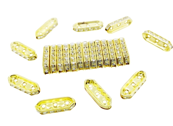 METAL ELEMENTS - 3 HOLES MULTI STRANDS RHINESTONE CONNECTOR SPACER BEADS - ELLIPSE 01 - 21x7x3mm GOLD COLOR WITH WHITE - 100pcs. Hole-1.5mm