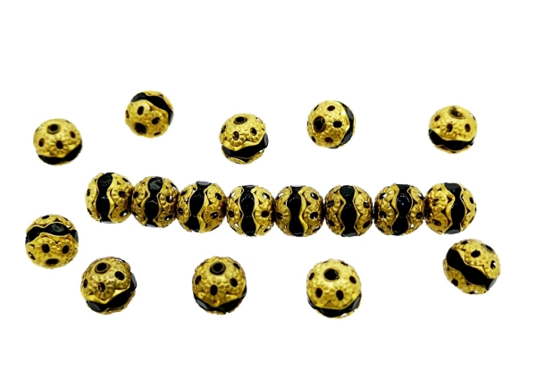 METAL ELEMENTS - RHINESTONE BALL BEAD CRYSTAL ROUND SPACER - BRASS - 8mm GOLD COLOR WITH BLACK - 100pcs. Hole-1.5mm