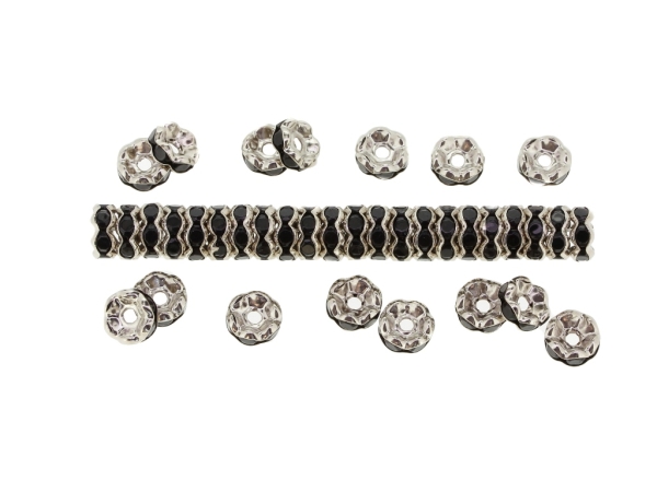 METAL ELEMENTS - RHINESTONE RONDELLE CRYSTAL ROUND LOOSE SPACER BEADS 02 - 7mm NICKEL COLOR WITH BLACK - 100pcs. Hole-1.8mm