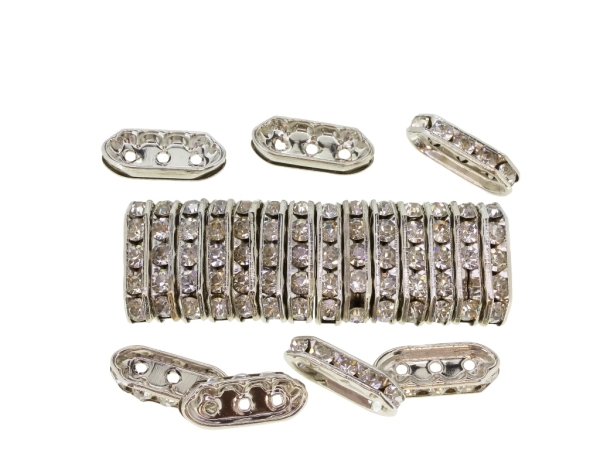 METAL ELEMENTS - 3 HOLES MULTI STRANDS RHINESTONE CONNECTOR SPACER BEADS - ELLIPSE 01 - 18x7x4mm NICKEL COLOR WITH WHITE - 100pcs. Hole-1.5mm