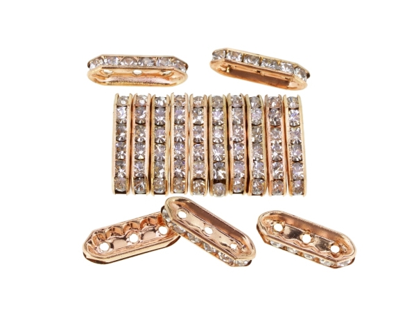 METAL ELEMENTS - 3 HOLES MULTI STRANDS RHINESTONE CONNECTOR SPACER BEADS - ELLIPSE 01 - 21x7x4mm ANTIQUE BRASS (LIGHT) WITH WHITE - 100pcs. Hole-1.8mm