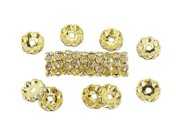 METAL ELEMENTS - RHINESTONE RONDELLE CRYSTAL ROUND LOOSE SPACER BEADS 02 - 12mm GOLD COLOR WITH WHITE - 20pcs. Hole-2.2mm