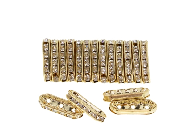 METAL ELEMENTS - 3 HOLES MULTI STRANDS RHINESTONE CONNECTOR SPACER BEADS - ELLIPSE 01 - 21x7x4mm GOLD COLOR 03 WITH WHITE - 10pcs. Hole-1.8mm